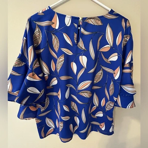 Liz Claiborne Navy Leaf Print Blouse - Picture 3 of 10